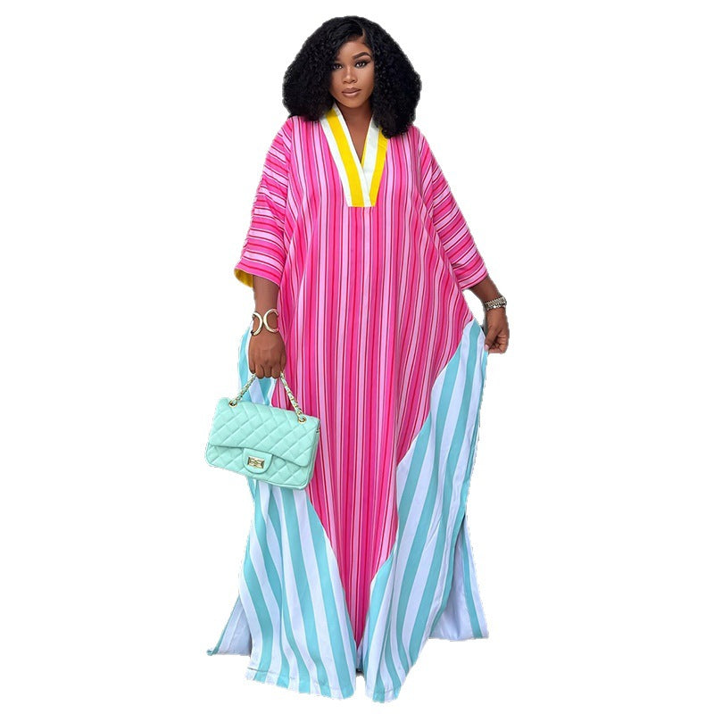 Western-style Fashionable V-neck Striped Loose-fitting Maxi Dress