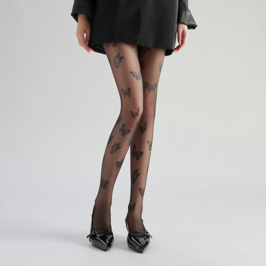 Womens Sheer Lightweight Printed Silk Stockings In Black