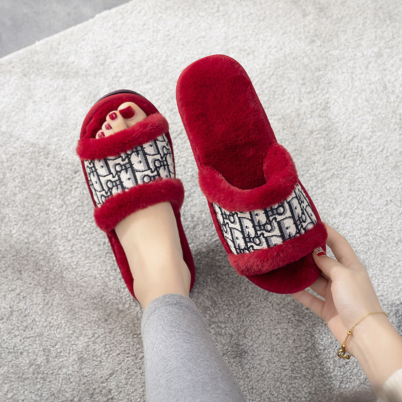 Warm Flat Slippers Women's Home Non-slip Rabbit Fur Fashion