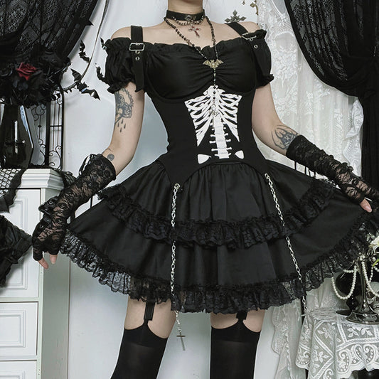 Off-the-shoulder Two-way-wear Gothic-style Sexy Slim-fit Mini Skirt