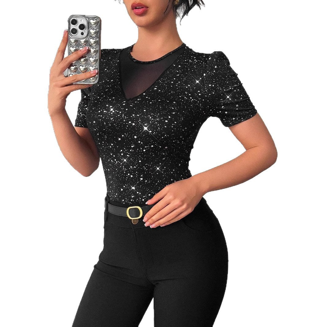 Crew-neck Mesh-panel Short-sleeve T-shirt Top