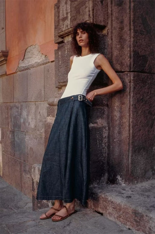 High-waist Asymmetric Slit A-line Denim Midi Skirt For Women