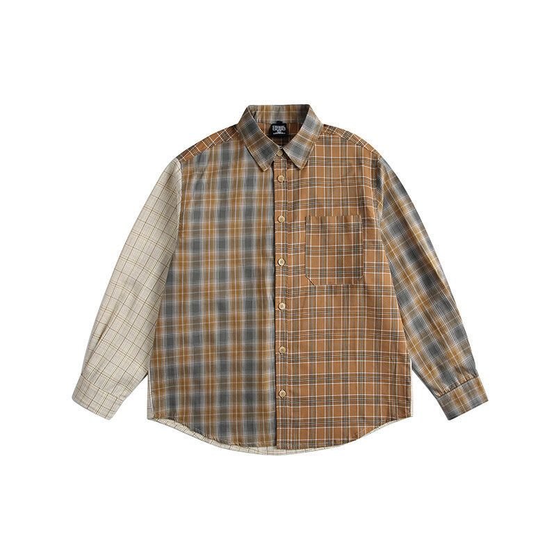American Retro Irregular Stitching Contrast Color Check Long Sleeve Shirt