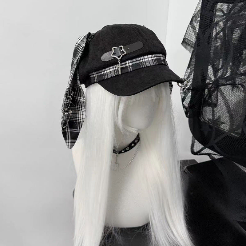 Original Punk Beret With A Subcultural Fashionable Checkered Rabbit-ear Design