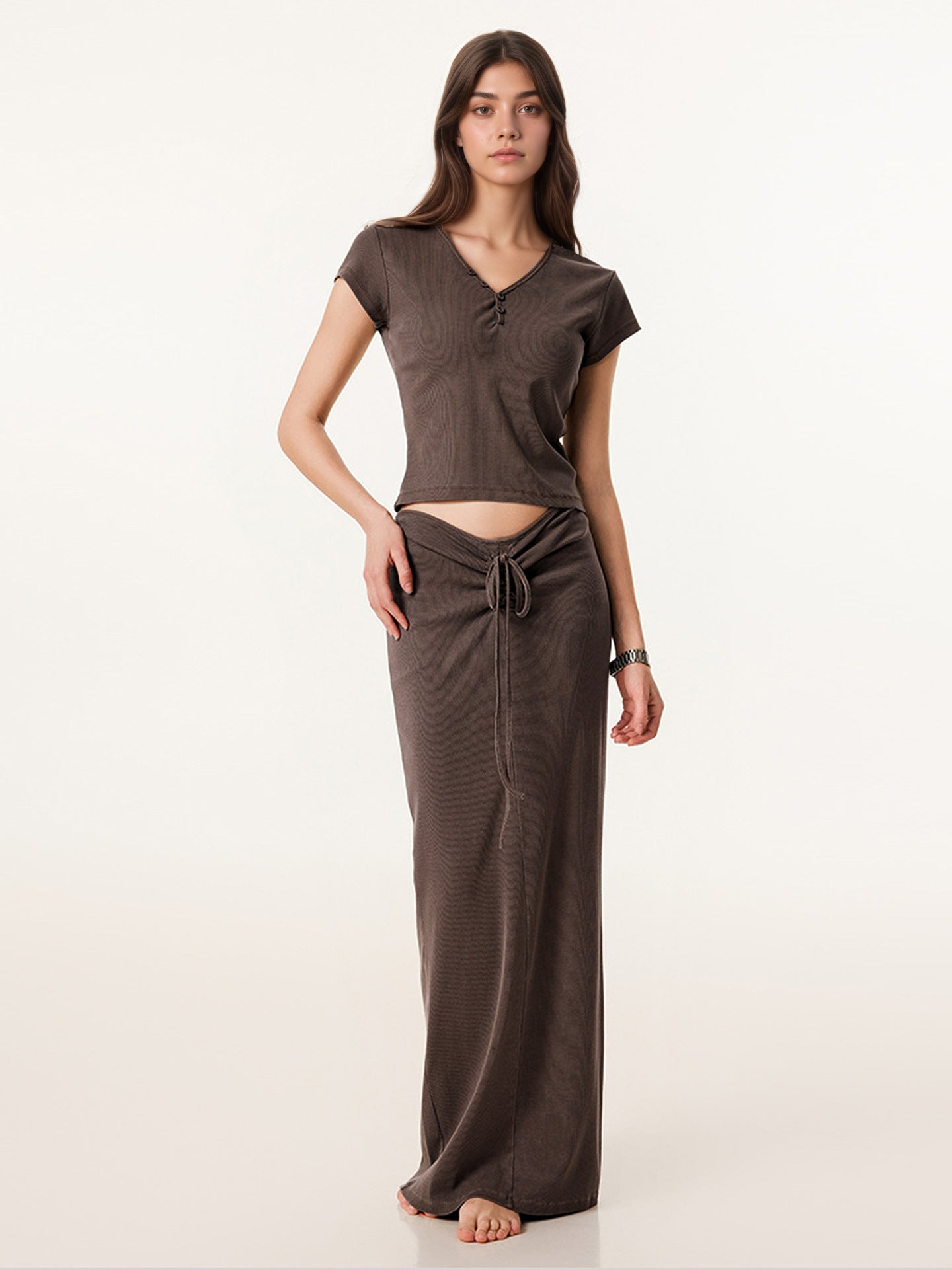 Small V-neck Drawstring Slimming Hip-hugging Skirt And V-neck Short-sleeve Top Womens New Set