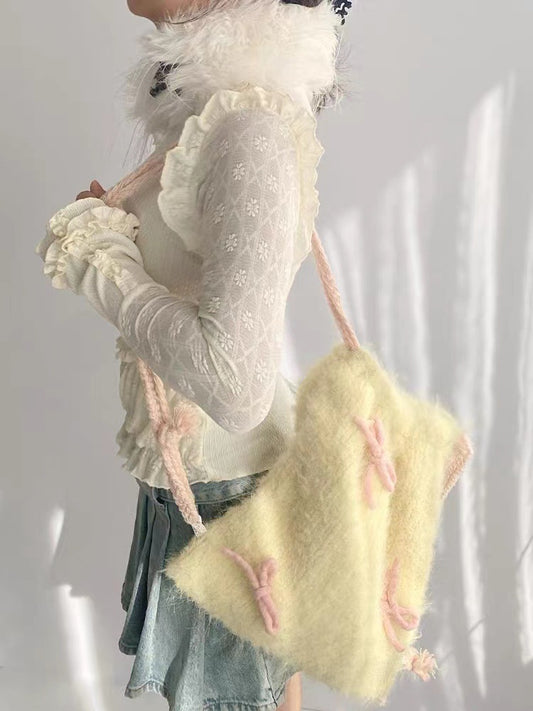 Drawstring Backpack Bowknot Furry Cloth Bag Tender Yellow Ladies