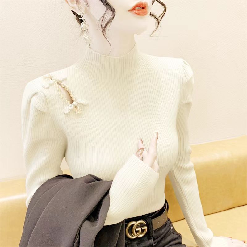 Women's Autumn And Winter National Style Puff Sleeve Half Turtleneck Slim-fit Underwear Sweater