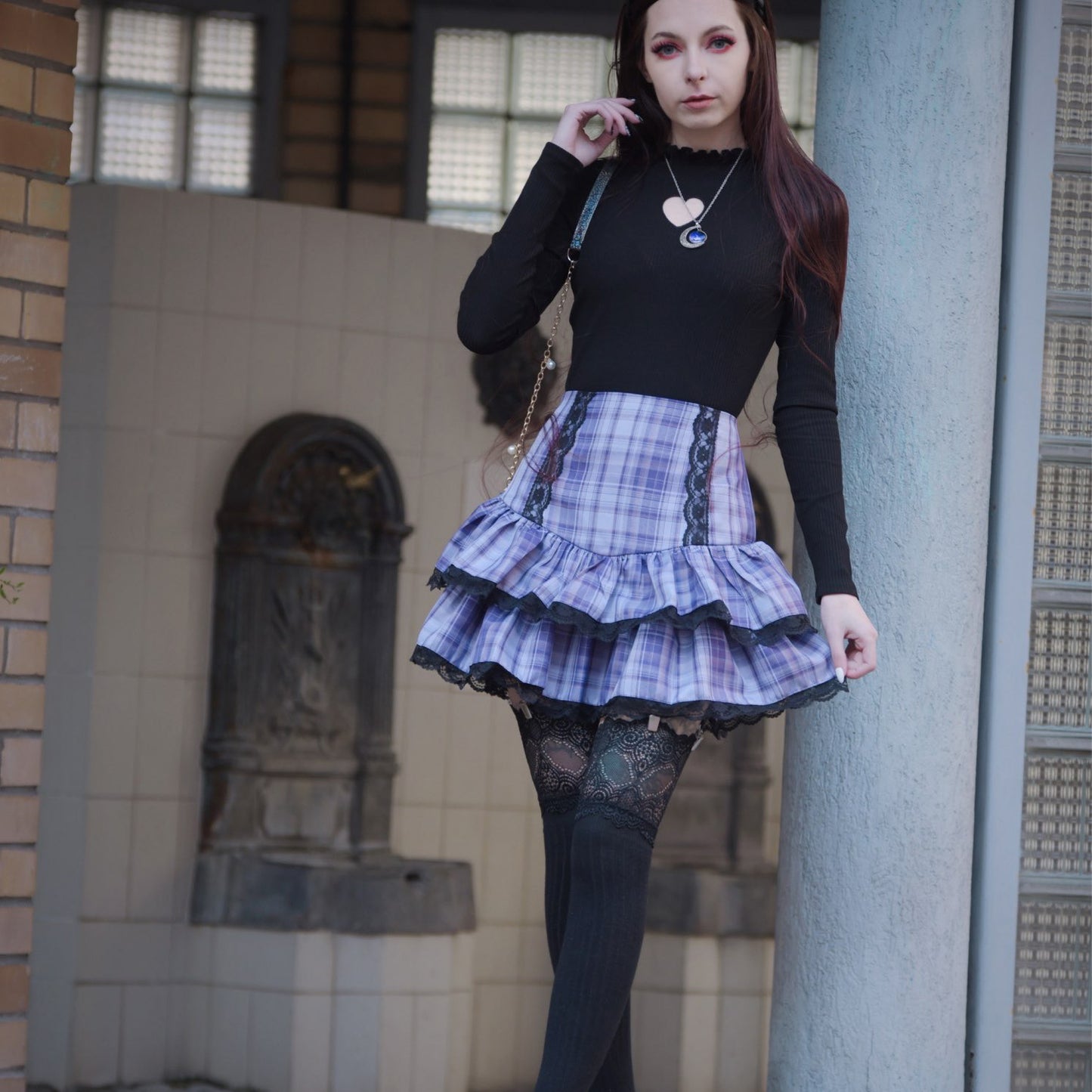 Lace Plaid High Waisted Pleated Skirt