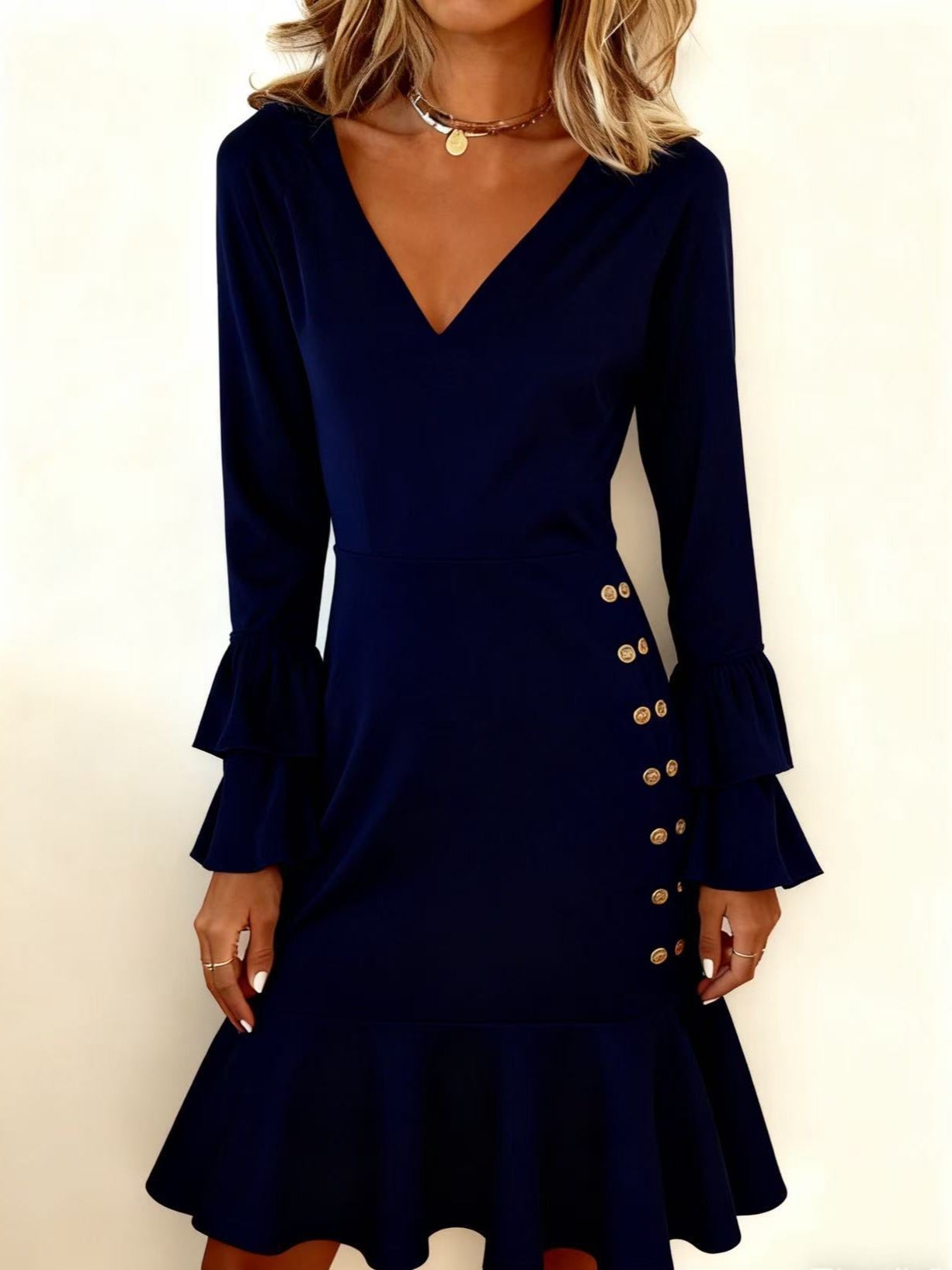 Fashionable Womens Dress With Flared Sleeves And A V-Neck