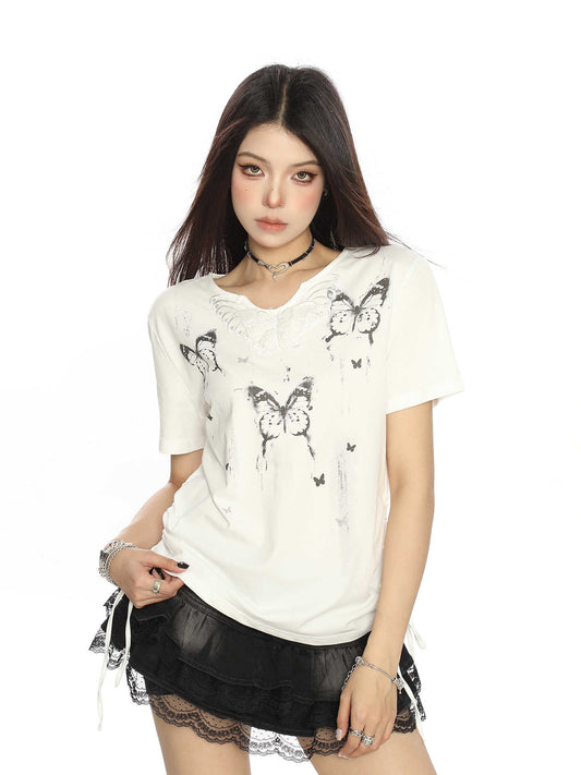 Korean Style Shoulder Ink Butterfly Print Short Sleeve