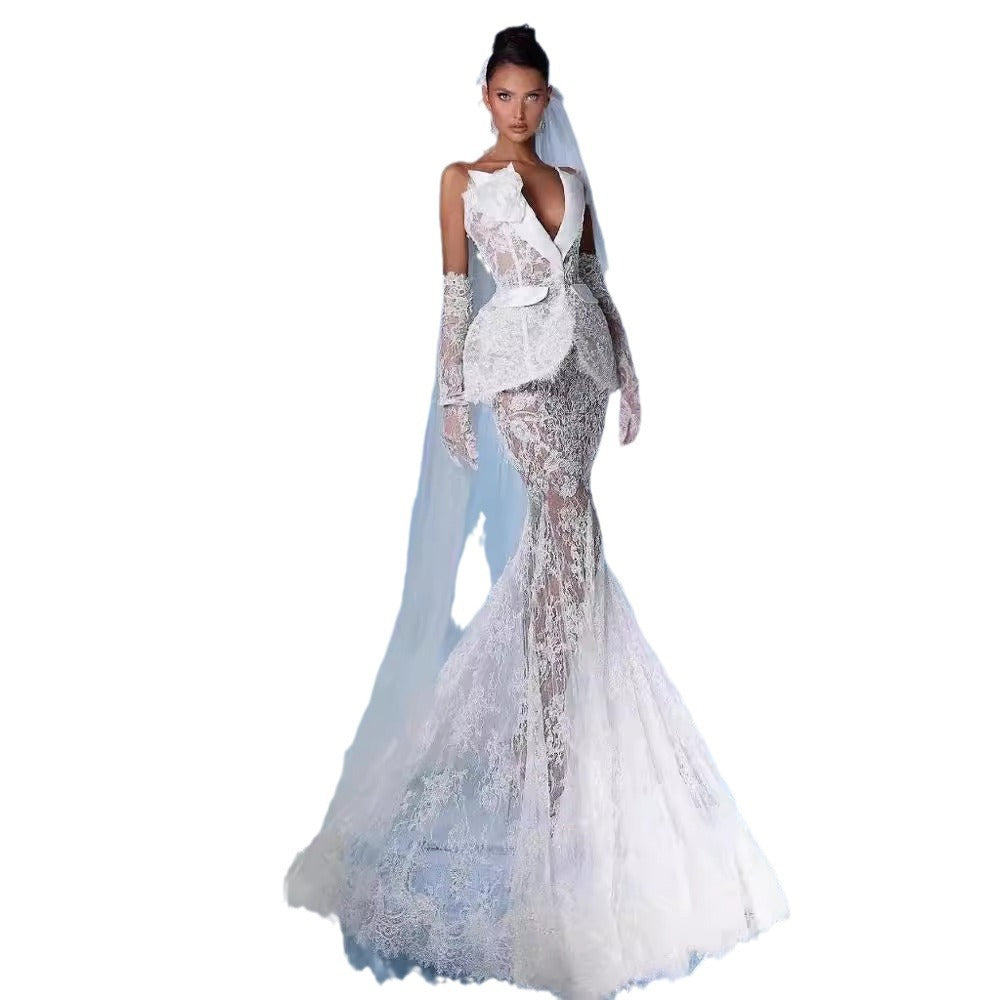 Suit Collar Sequined Lace Stitching High Waist Long Fishtail Skirt