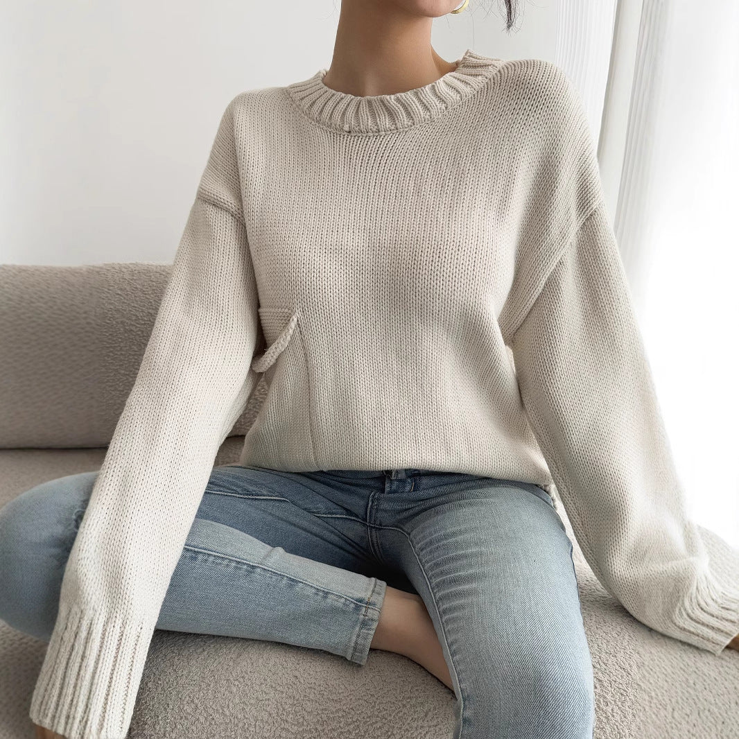 Women's Knitted Sweater Round Neck Pocket