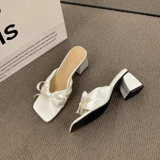 French Style High-grade Satin Bow Chunky Heel Sandals Women's Outer Wear High Heels