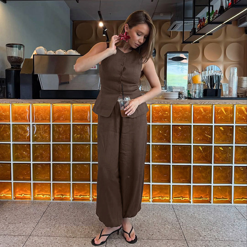 Elegant Commuter Sleeveless Cardigan Top Womens Straight-Leg Pants Long Trousers
