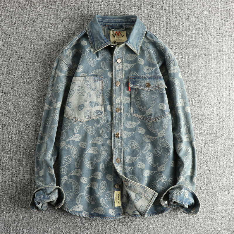 Yarn-dyed Paisley Pattern Mild Luxury Retro American Denim Long Sleeve Shirt