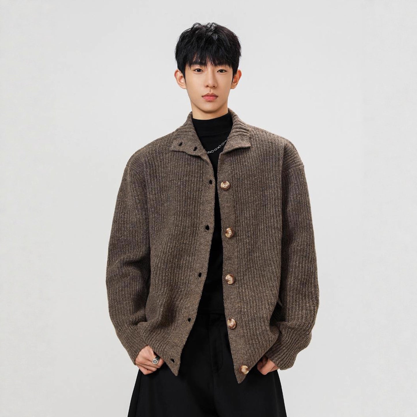 Mens Americanstyle CoffeeColored StandUp Collar Knit Sweater Coat
