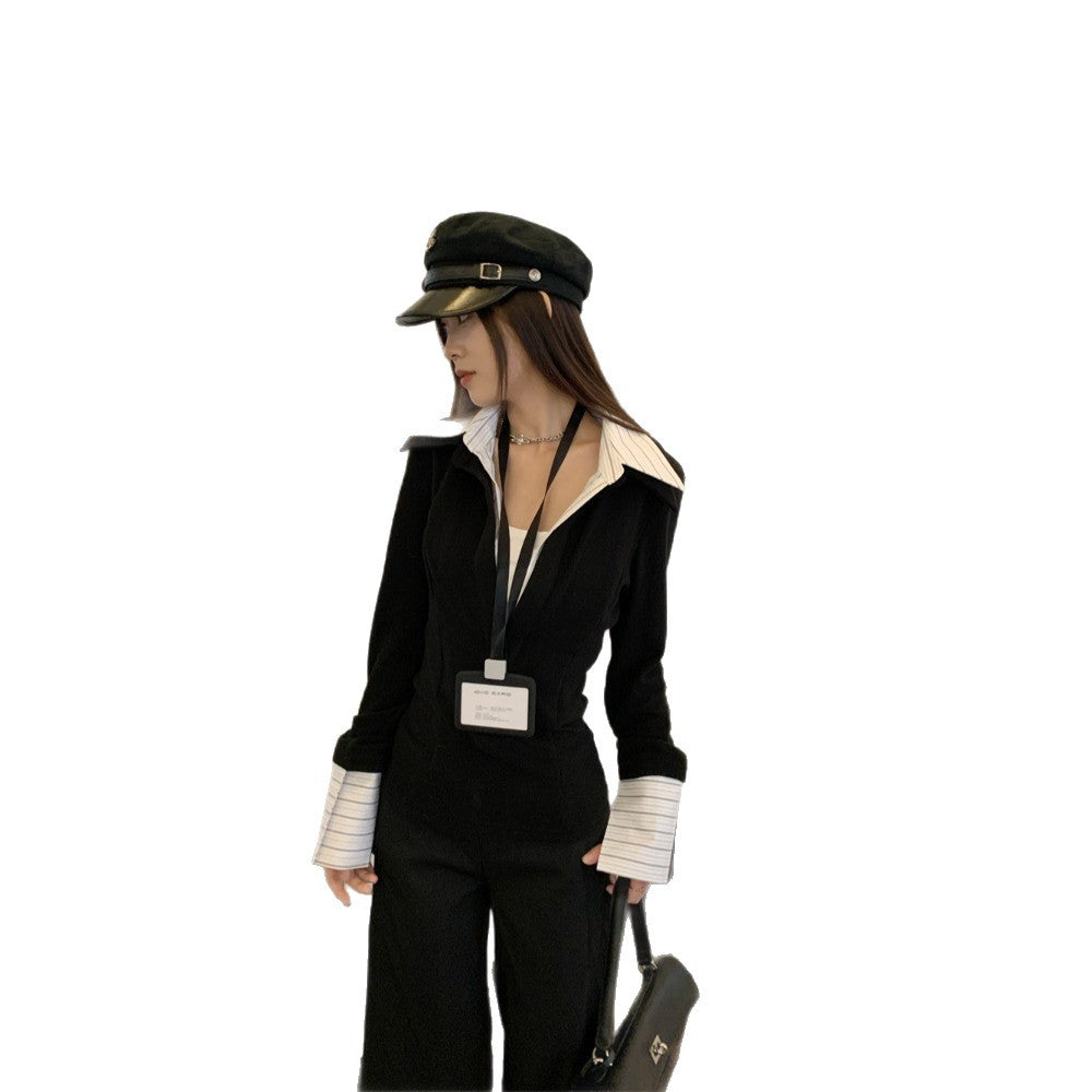 False Two-piece Patchwork Lapel Knitwear Female Winter Coat