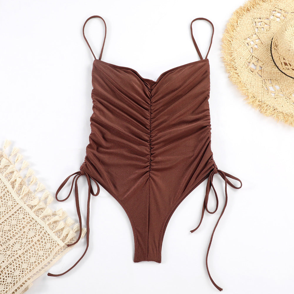 Women's Solid Color Pleated Drawstring One-piece Swimsuit