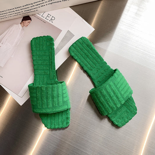 Summer European And American New Flat For Outdoors Square Head Flip Flops Towel Material Green Fashion Simple Plus Size Cotton Slippers