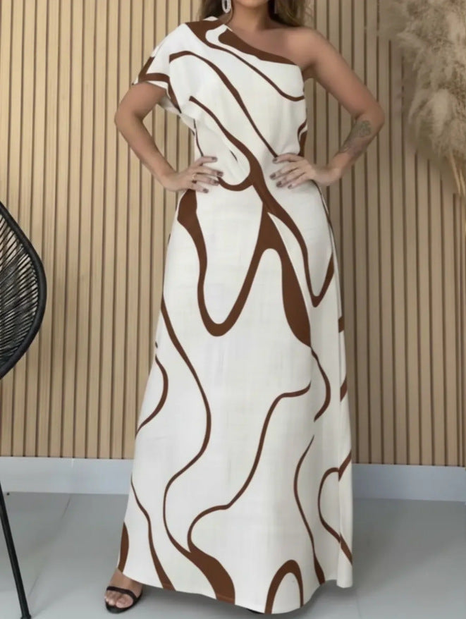 Printed Off-shoulder Chic And Elegant Figure-hugging Maxi Dress