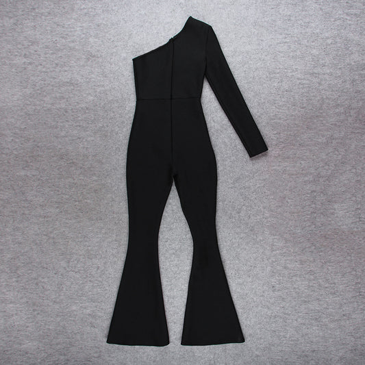 High-waisted One-shoulder Jumpsuit, Hip-covered Mesh Diamond Flared Trousers