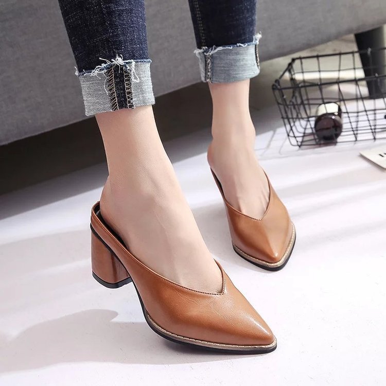 Solid Color Muller Slippers Female Pointed Lazy Thick Heel Half