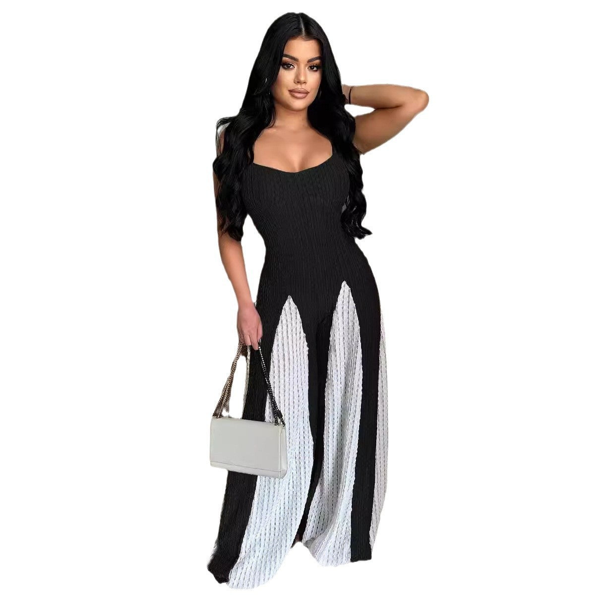 Sexet Jumpsuit Med Udsnit, Brede Ben, Strikket Slynge og Kontrastfarver