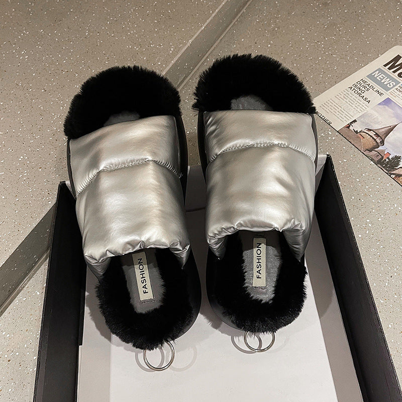 Thick Soled Warm Down Plush Slippers For Women's Outer Wear Toed Flip Flops