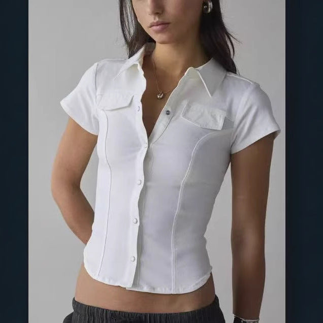 Retro Hot Girl Pleated Waist Tight Design Short-sleeved Shirt Top Women's Clothing