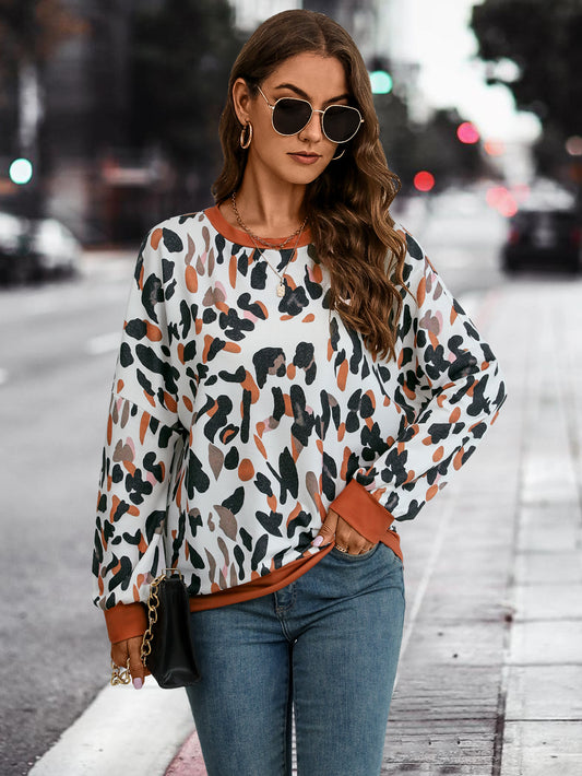 Women's Clothing Amazon Independent Station Popular Round Neck Drop Shoulder Lantern Sleeve Printed Sweater