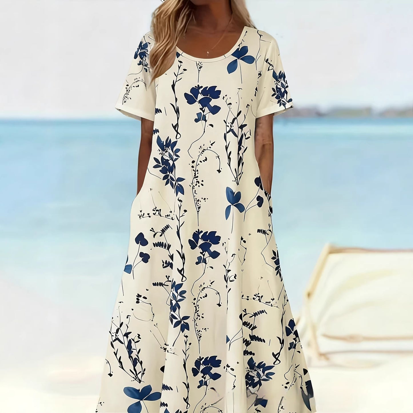 Printed Dress Summer Womens Plus-Size Fashionable Long Short-Sleeve Dress