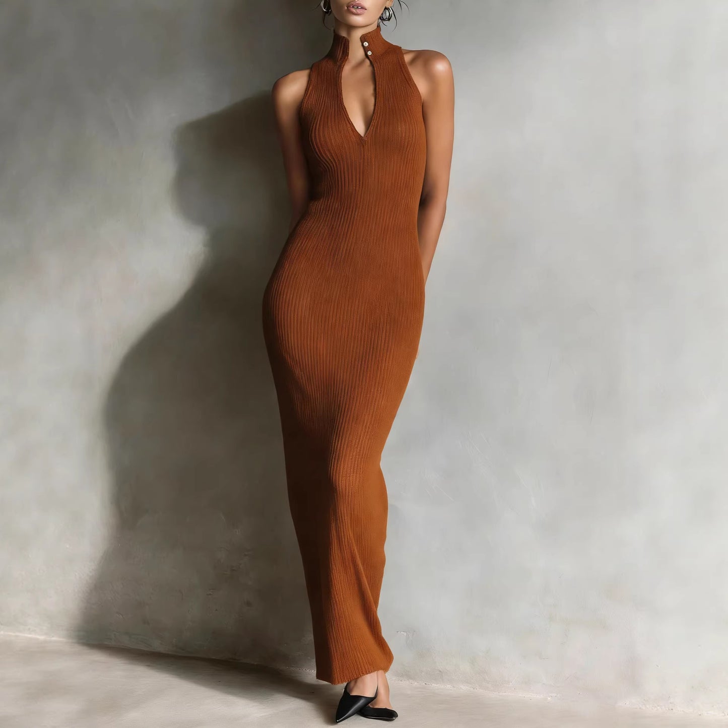 Sleeveless High-necked Waist-cinching Dress For Women