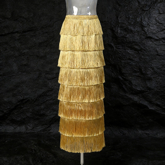 Fashionable Tassel-trimmed Layered Solid-color High-waisted Long Skirt