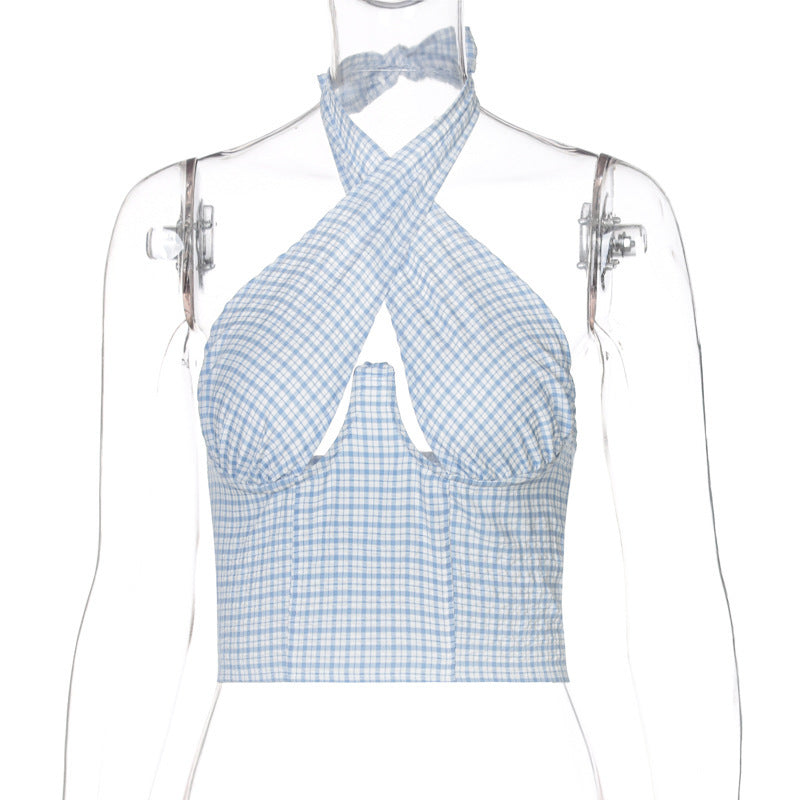 Women's New Cross Straps Wrap Chest Zipper Plaid Vest
