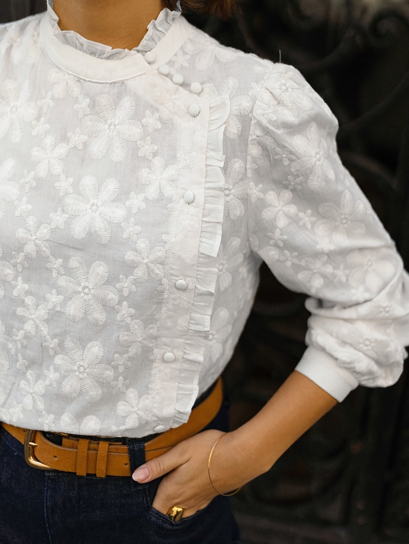 Women's Buttoned Ruffled-edge Embroidered Blouse
