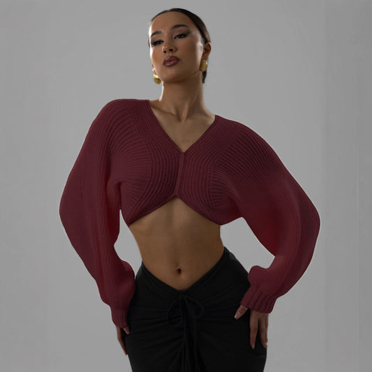 V-neck Midriff-baring Short Temperamental Knitted Sweater