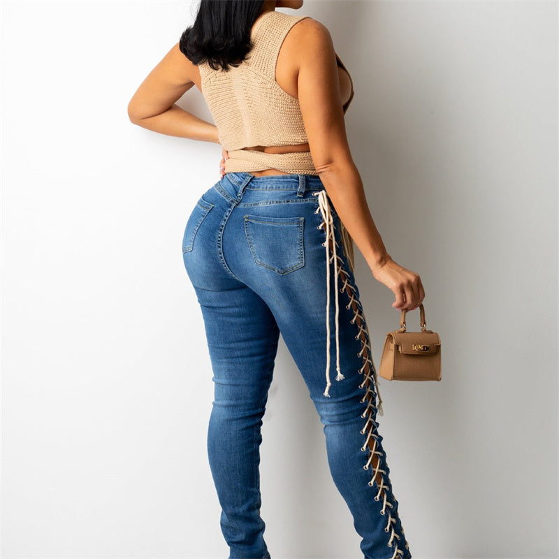 Women's Fashion Wear Rope Elastic Slim Fit Denim Pants