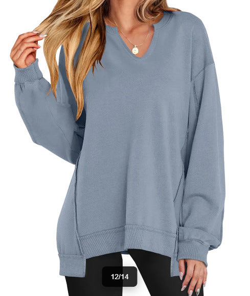 Dame Stribet V-hals Løs Sweatshirt Strik