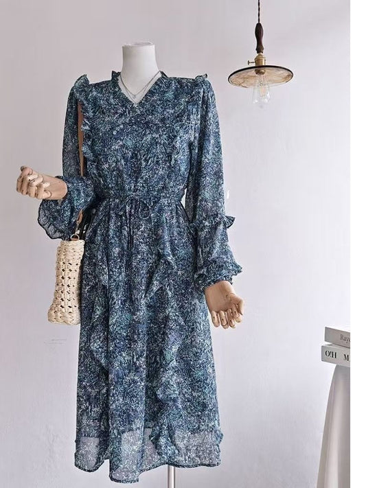 Women's Elegant V-neck Blue Floral Dress