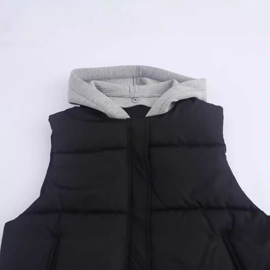 European And American Style Stylish Simple And Versatile Hooded Stitching Cotton-padded Jacket Vest