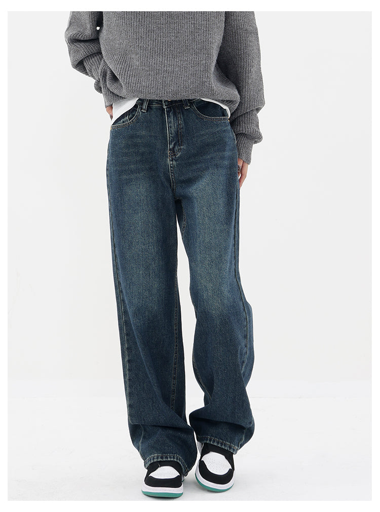 Retro Blue Jeans Women's Gradient High Waist Straight Casual Pants