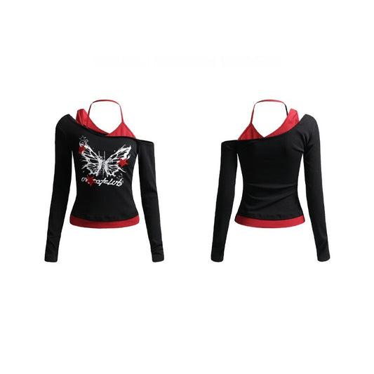 Womens Asymmetrical Neck Halter Patchwork Long Sleeve