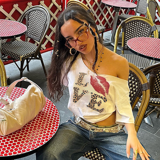 Oblique Shoulder Big Neckline Leopard Print Letter Jacket