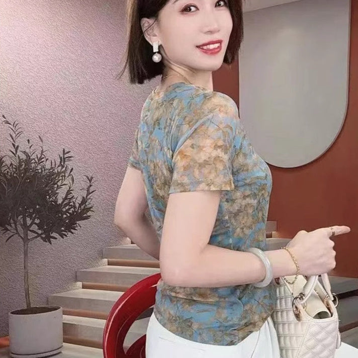 New V-neck Slimming Short Sleeve Floral Bottoming Top Temperament Women