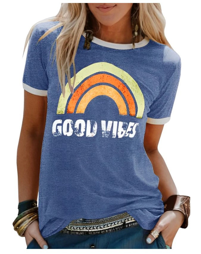 Fashion Rainbow Print Crew Neck Short Sleeve