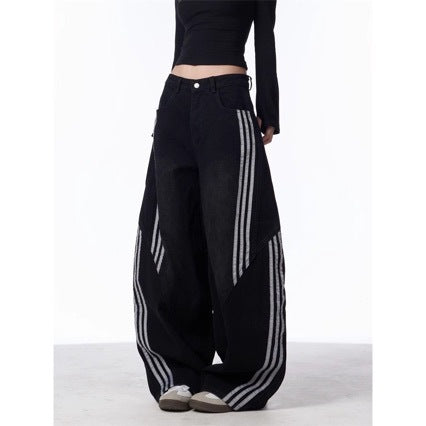Amerikansk-inspirerede Retro Streetwear Hip-hop Stribede Denim Wide-leg Bukser