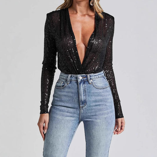 Dyb V-hals paillettop med lange ærmer til kvinder med bund jumpsuit