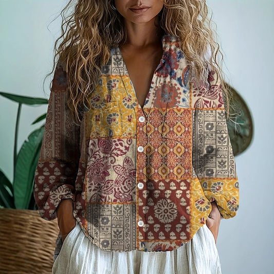 Ethnic-style Geometric-print Long-sleeve Womens Shirt