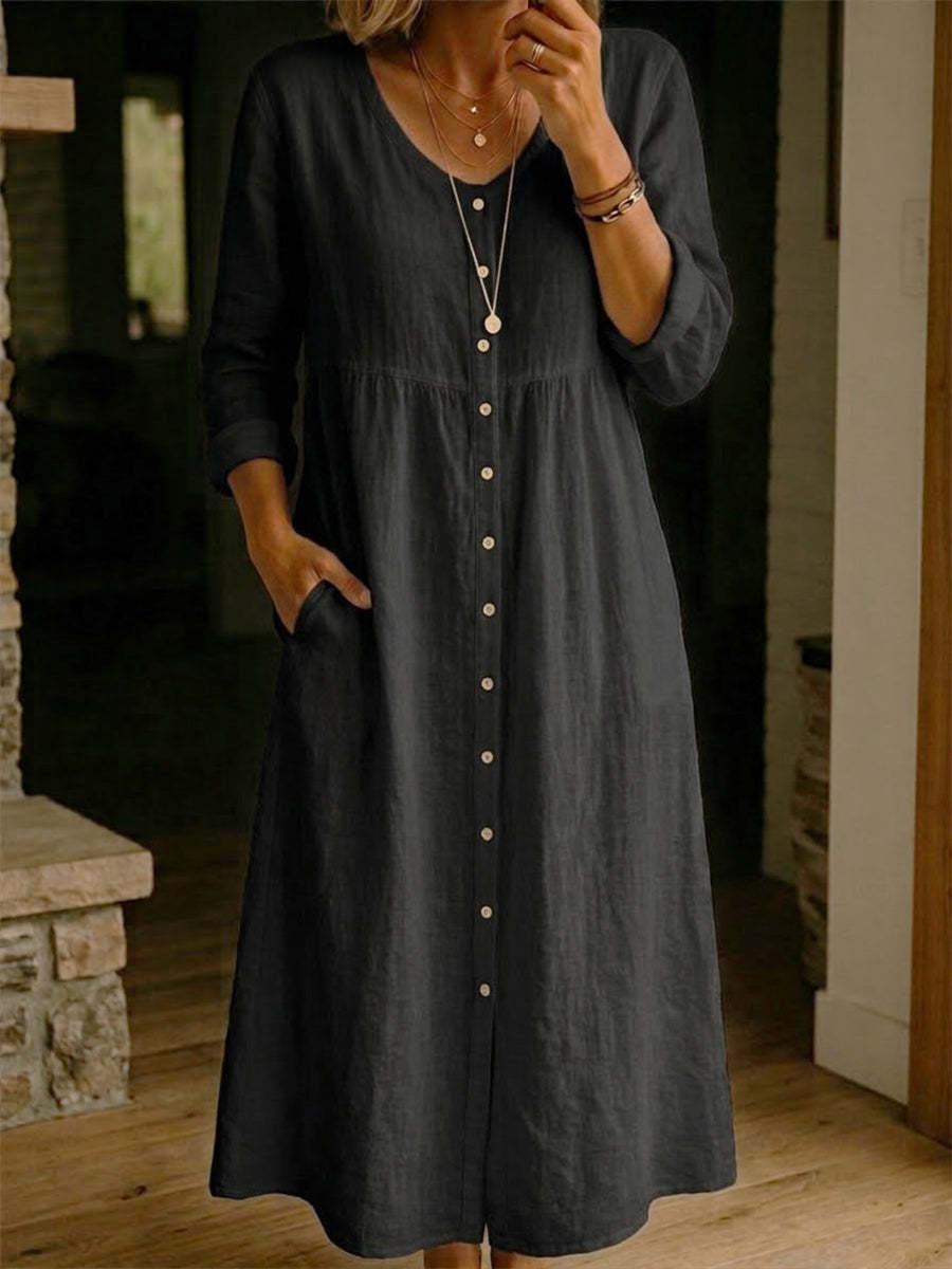 Fashionable Casual Loose Long-Sleeve Cotton-Linen Button-Up Womens Long Dress
