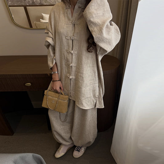 Casual Elevated Relaxed-fit Long-sleeve Shirt And Wide-leg Trousers Set